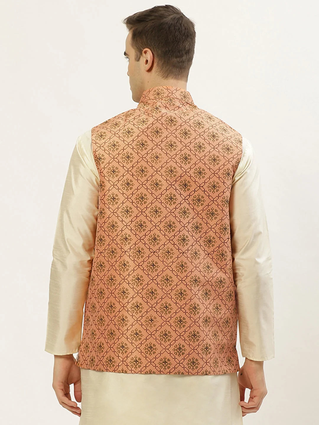 Men's Orange Printed Nehru Jacket | Indian Ethnic Wear