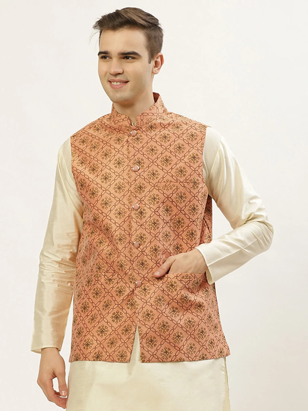 Men's Orange Printed Nehru Jacket | Indian Ethnic Wear