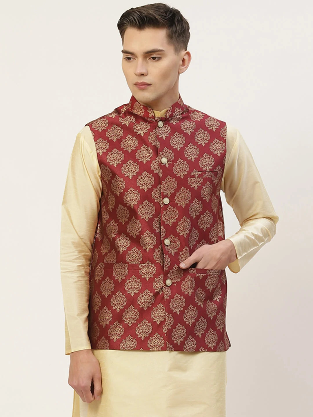 Men's Maroon Dark Printed Nehru Jacket