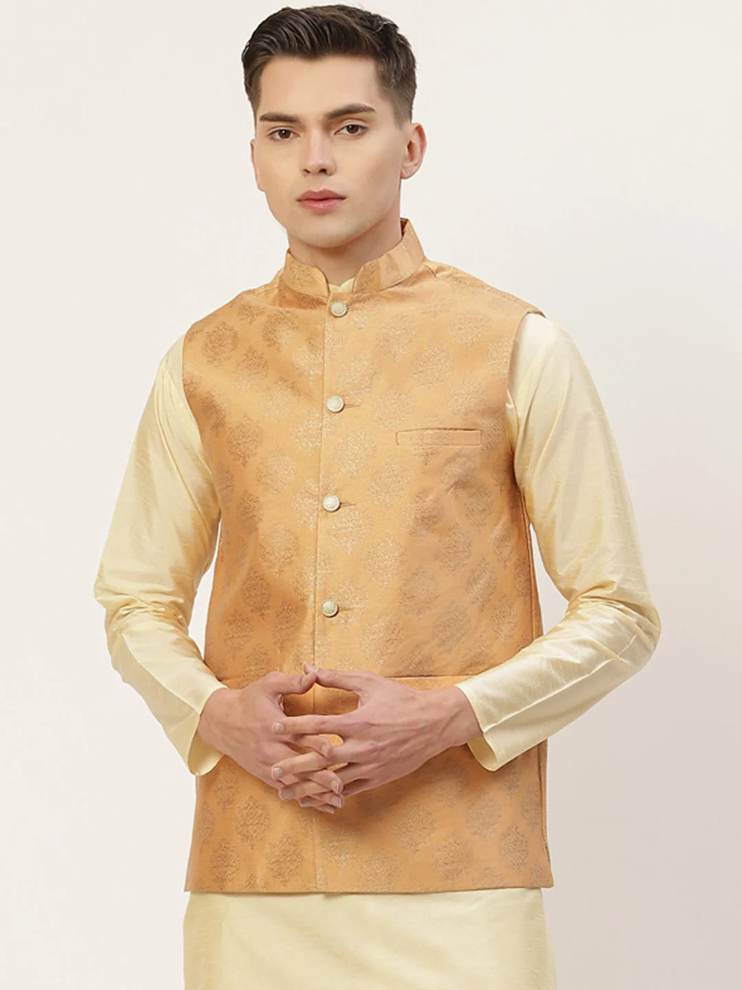 Peach Printed Nehru Jacket for Weddings | Men's Ethnic Wear
