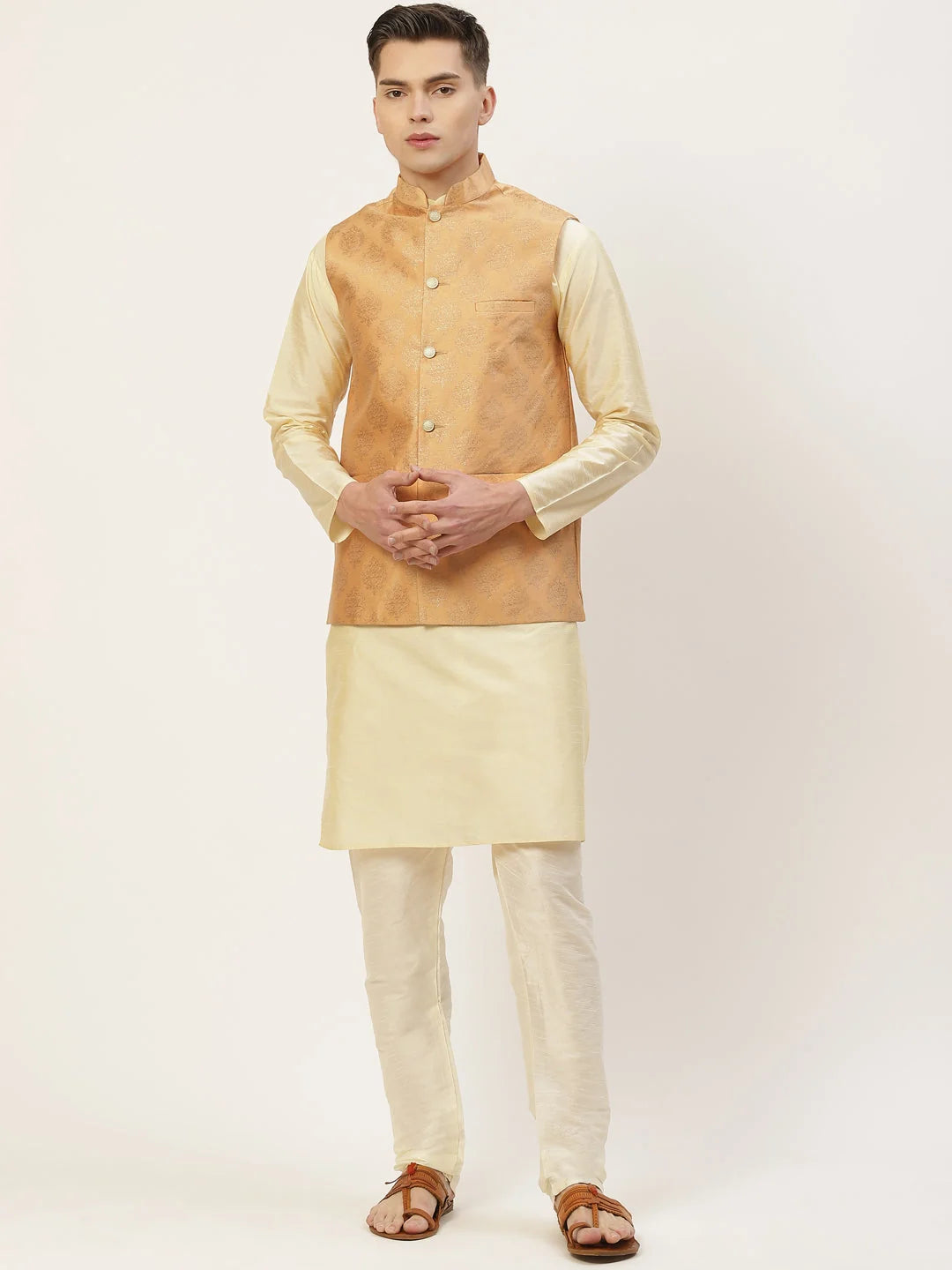Peach Printed Nehru Jacket for Weddings | Men's Ethnic Wear