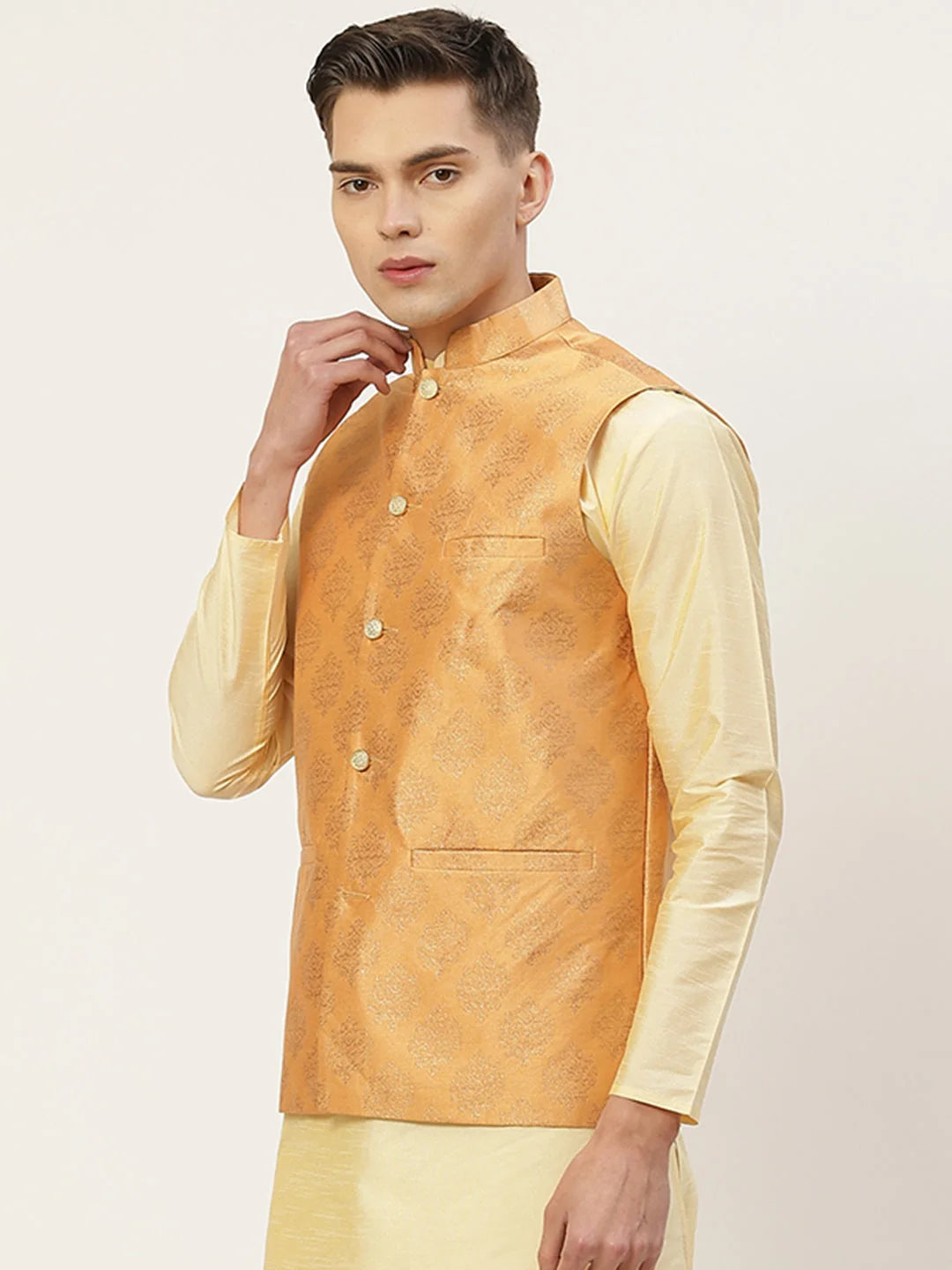 Peach Printed Nehru Jacket for Weddings | Men's Ethnic Wear