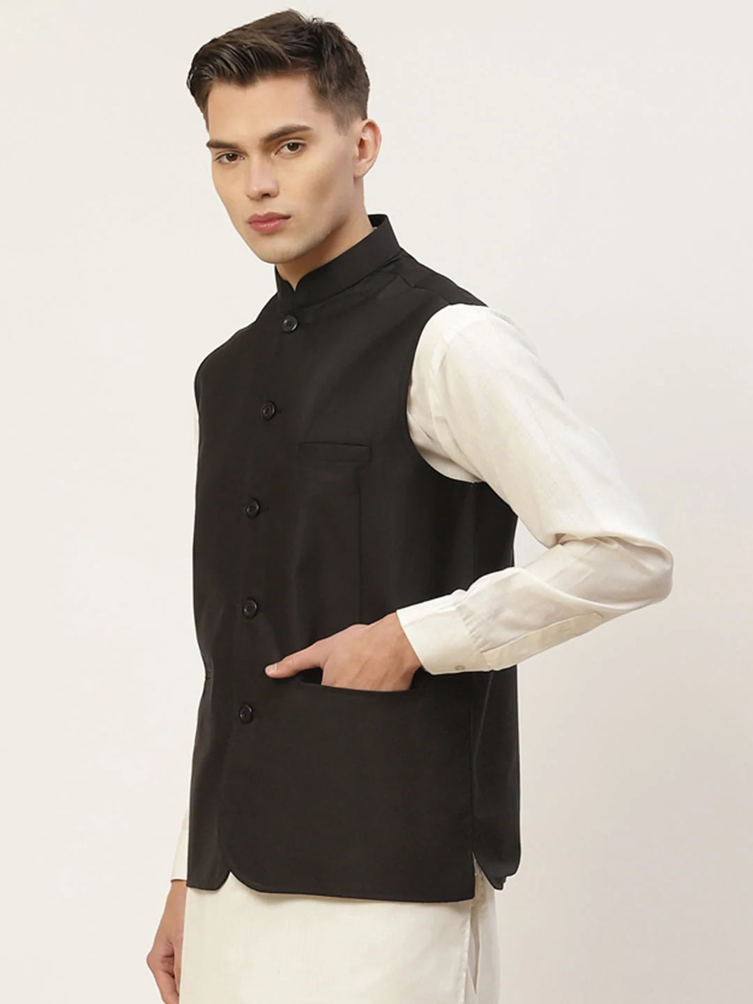 Jet Black Solid Nehru Jacket - Men's Nehru Jacket Wedding Option