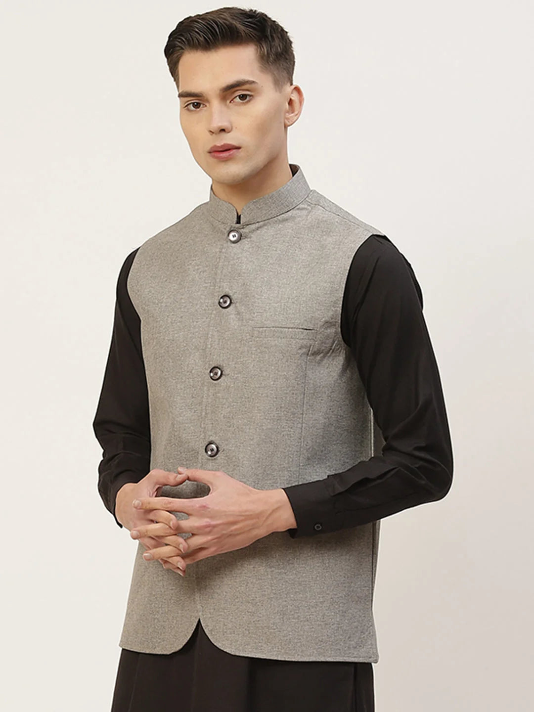 Grey Solid Short Nehru Jacket for Men - Ethnic Nehru Jackets