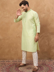 Ethnic Bay Men Green Silk Blend Solid Embroidered Straight Kurta With Pant Set-MKSET1451