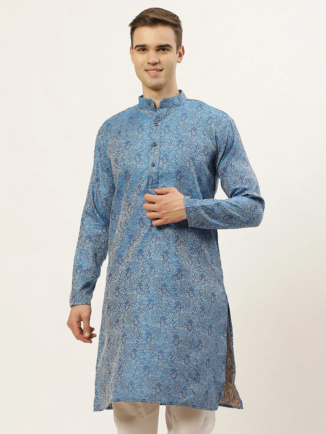 Men's Blue Printed Jacquard Kurta | Indian Kurta for Men