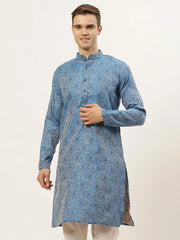 Men's Blue Printed Jacquard Kurta Only
