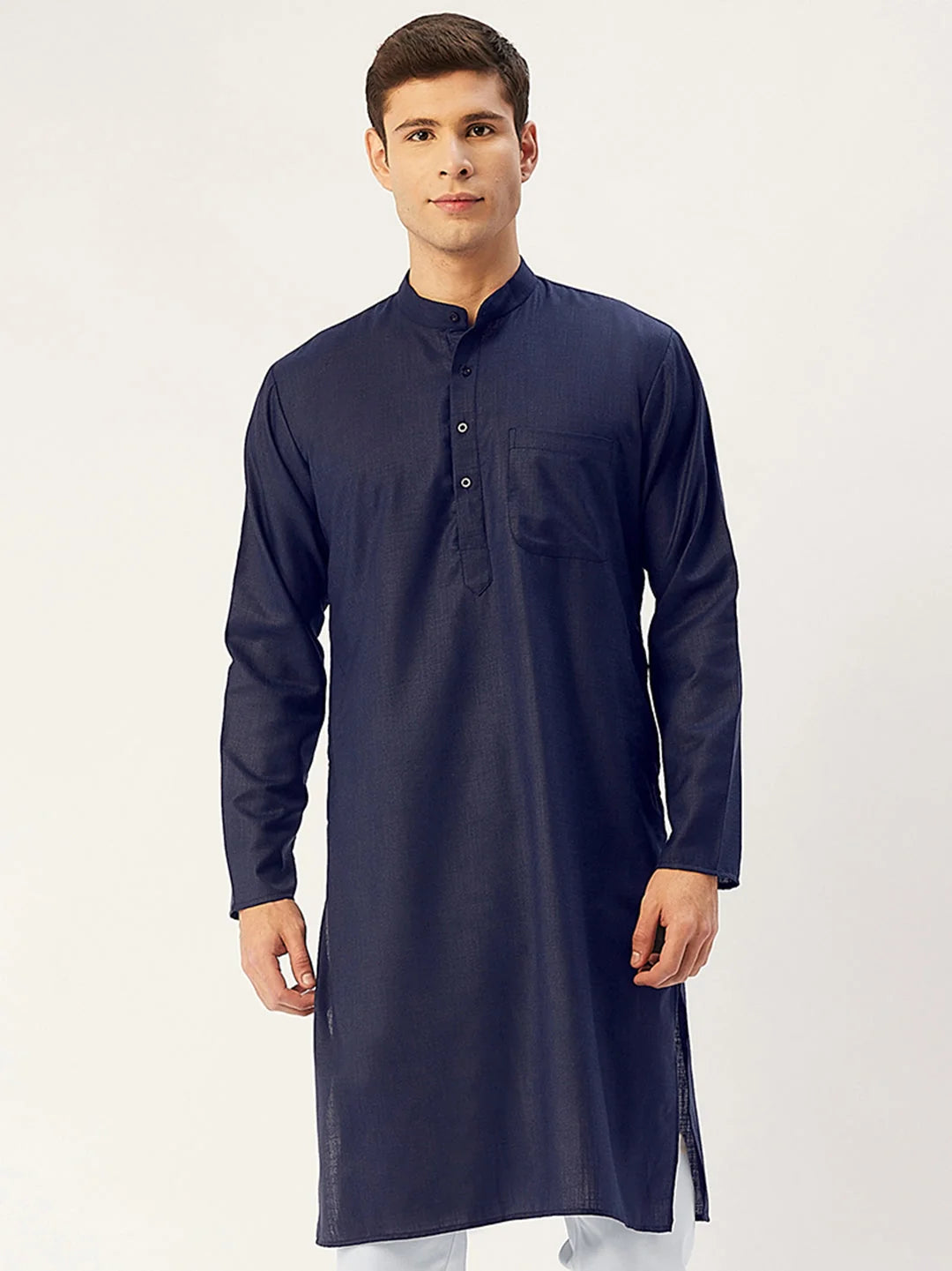 Men's Navy Cotton Solid Kurta Only