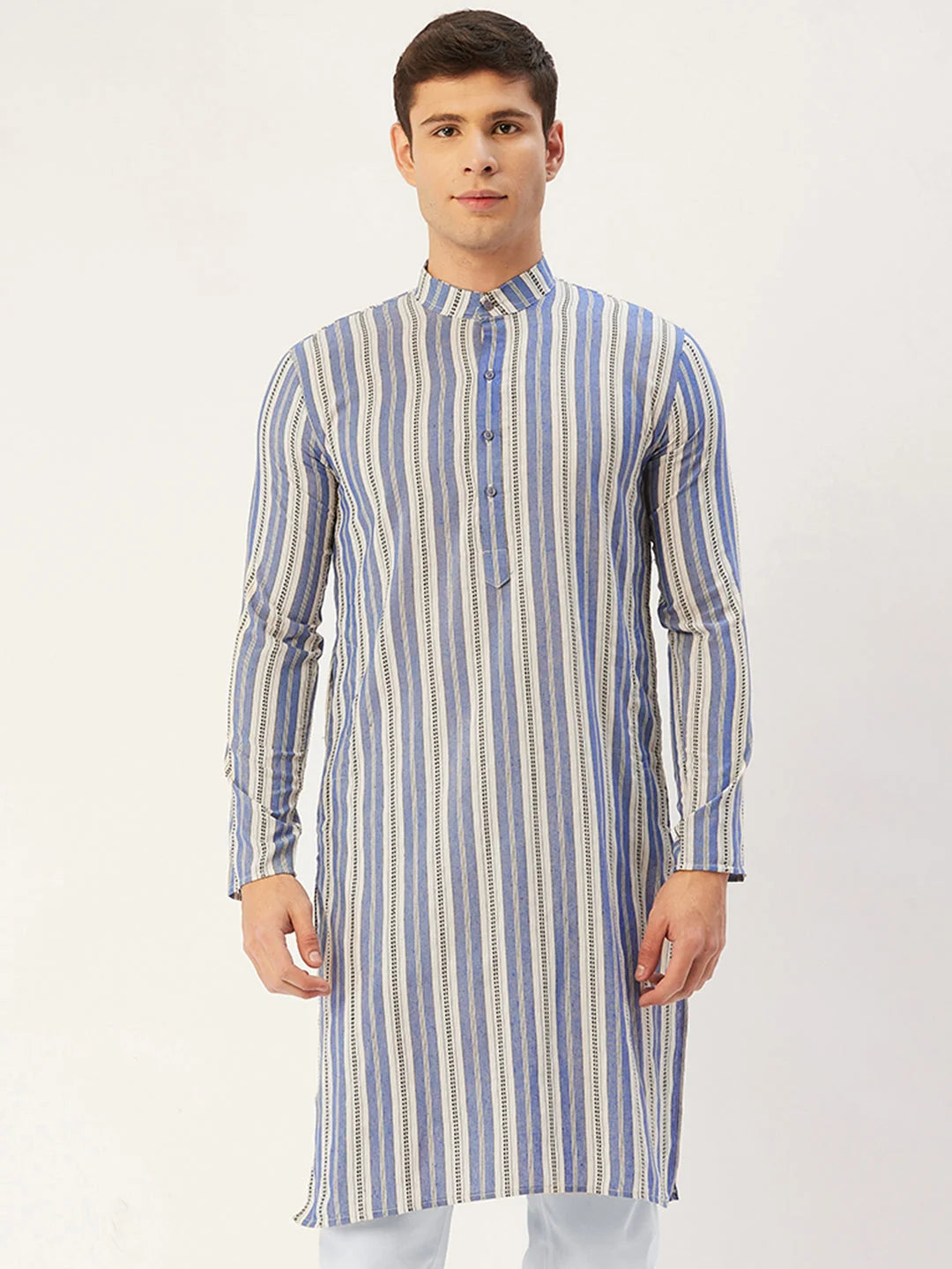 Men's Blue Cotton Striped Kurta Only