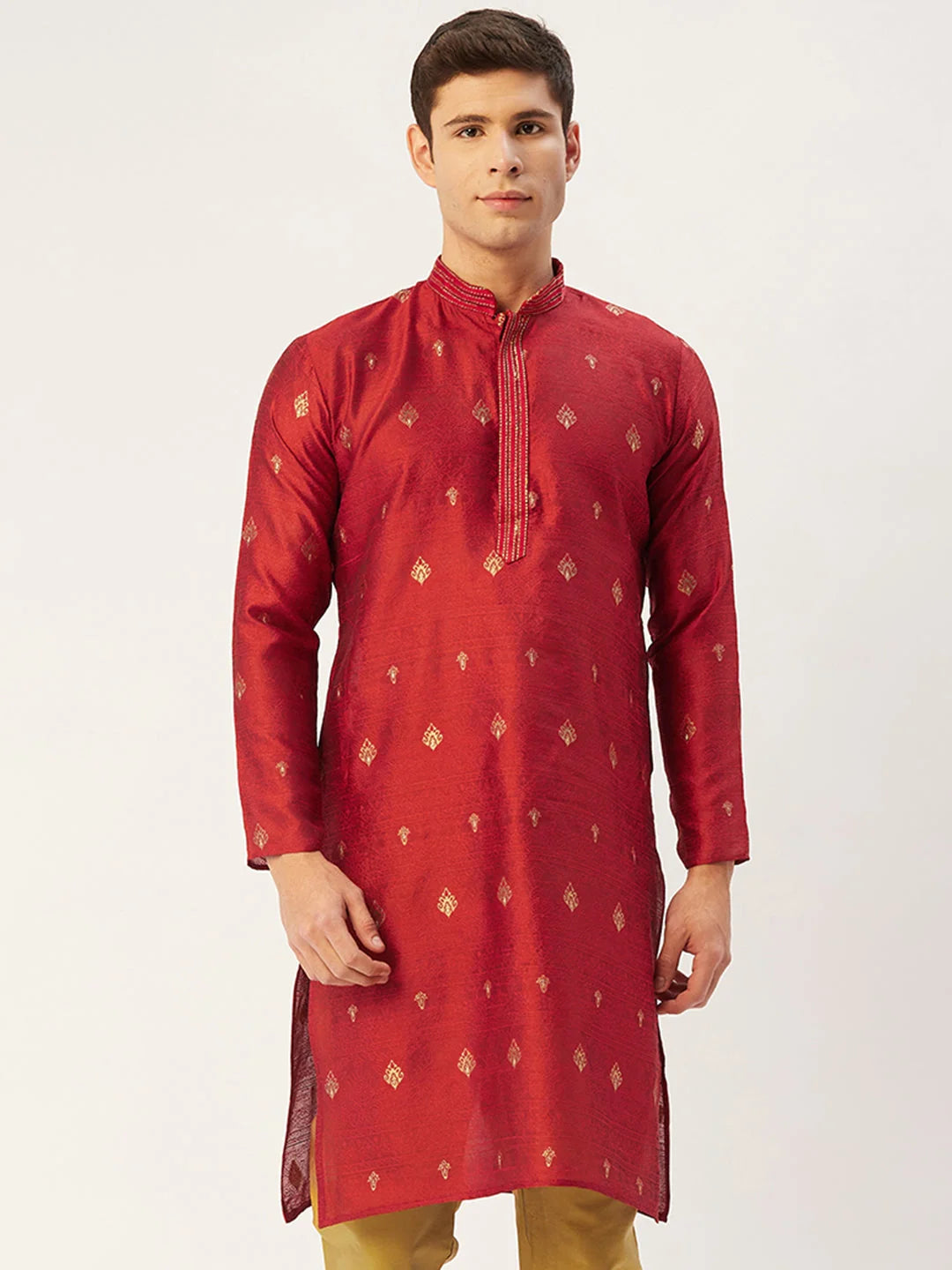 Men's Maroon Coller Embroidered Woven Design Kurta Only