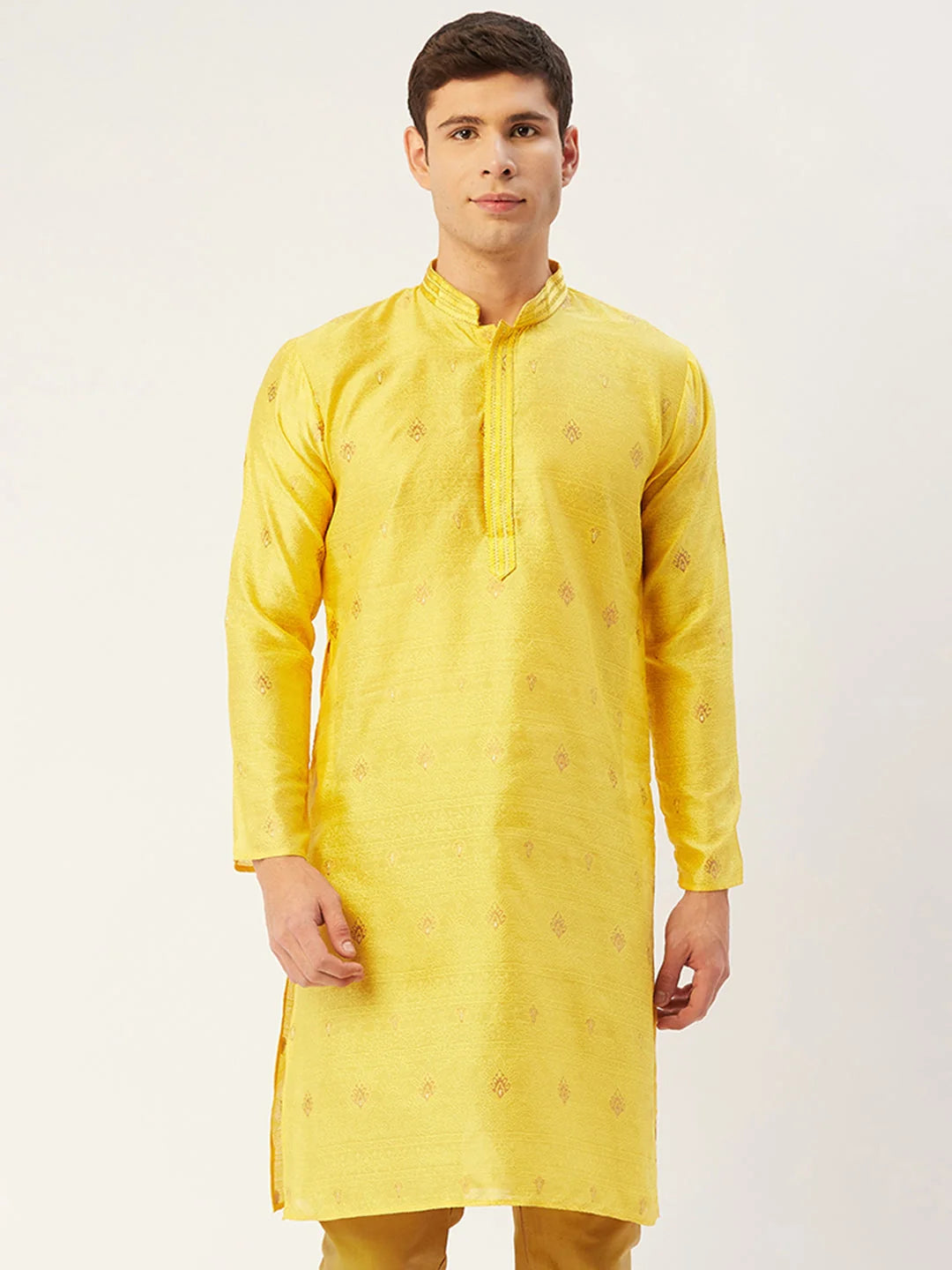 Yellow Embroidered Woven Design Silk Kurta for Men | Shop Now