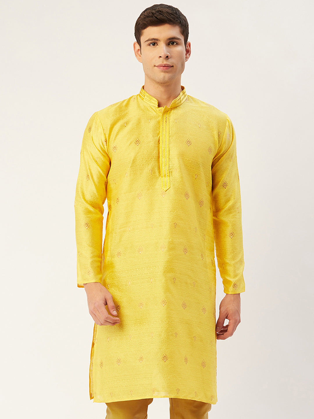 Men's Yellow Coller Embroidered Woven Design Kurta Only