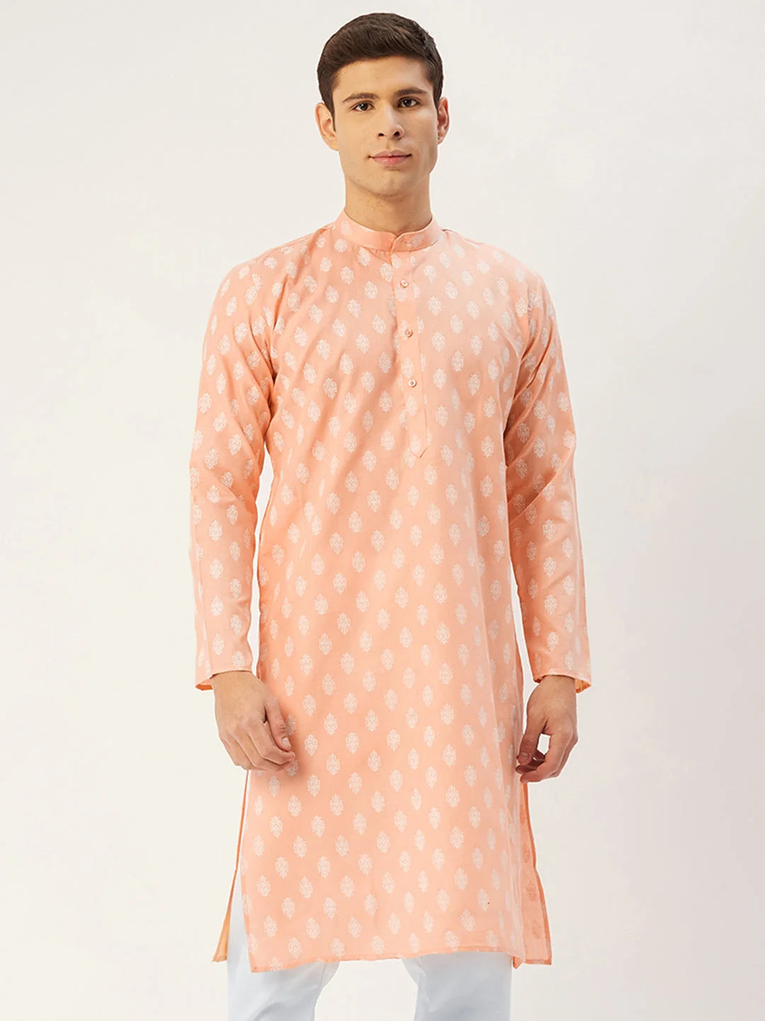 Men's Peach Cotton Floral printed kurta Only