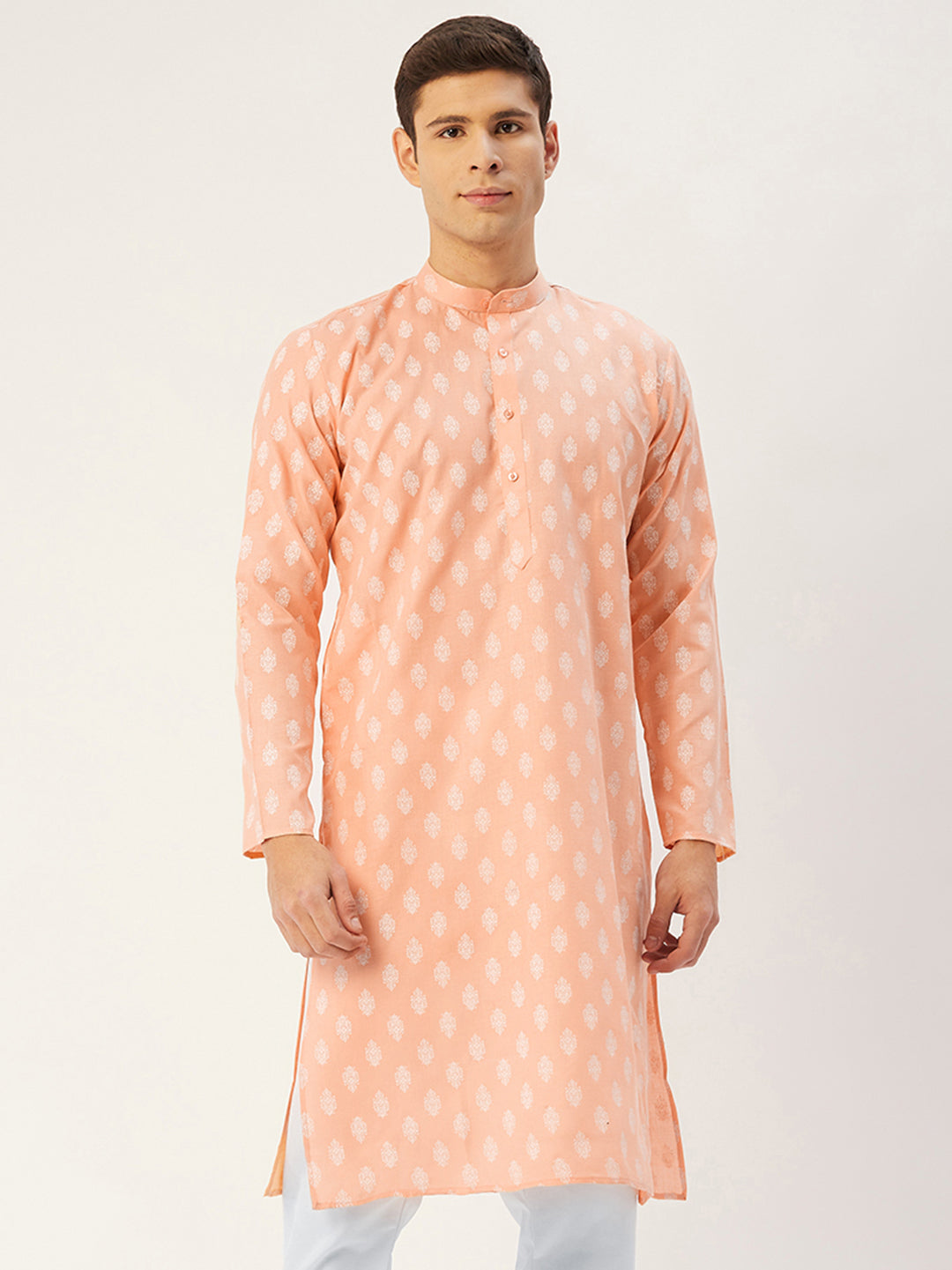 Peach Cotton Mens Kurta | Floral Printed Indian Kurta for Men
