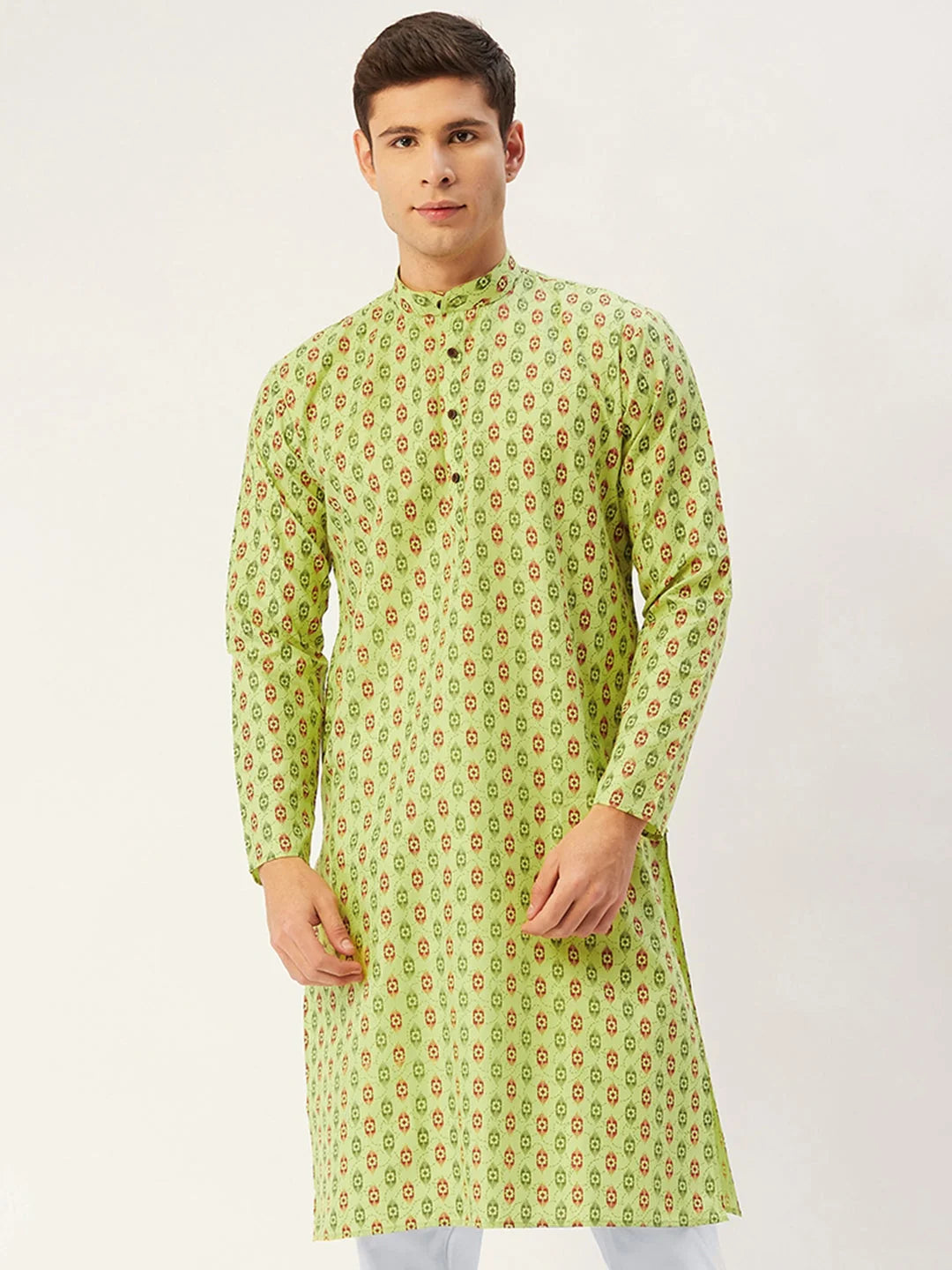 Men's Green Cotton Ikat printed kurta Only
