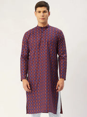 Men's Maroon Cotton Ikat printed kurta Only