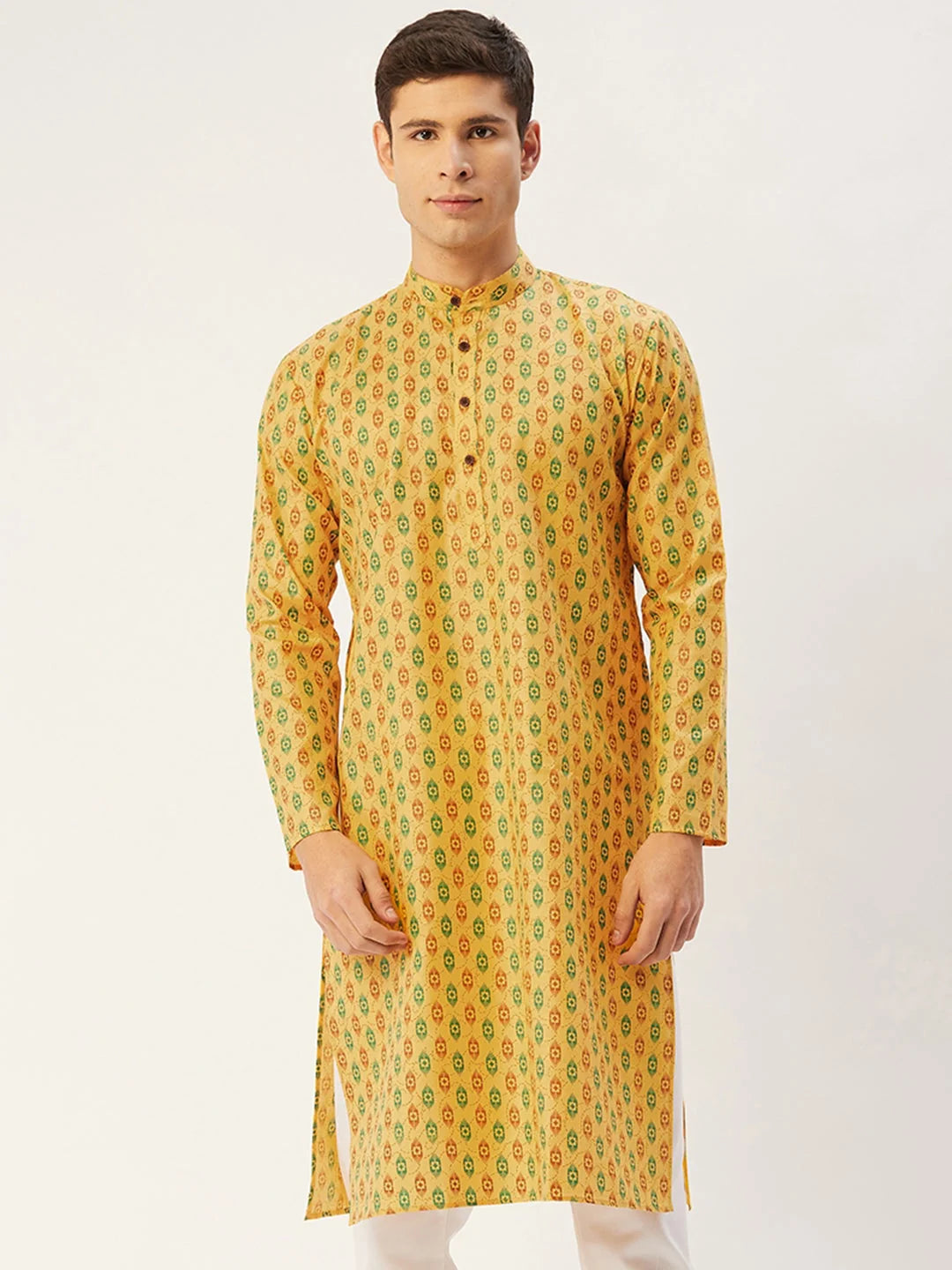 Men's Mustard Cotton Ikat printed kurta Only
