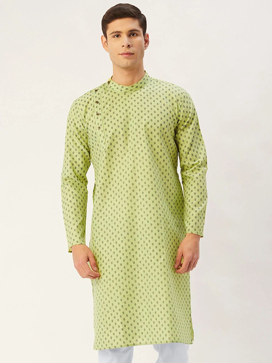 Men's Lust Green Cotton printed kurta Only