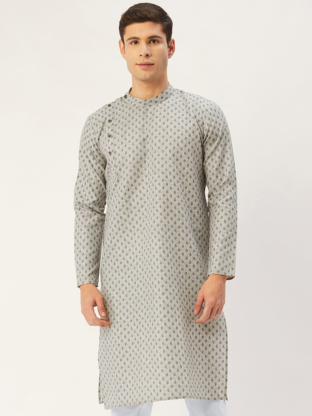 Men's Grey Cotton printed kurta Only
