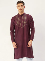 Men's Maroon Cotton Embroidered Kurta Only
