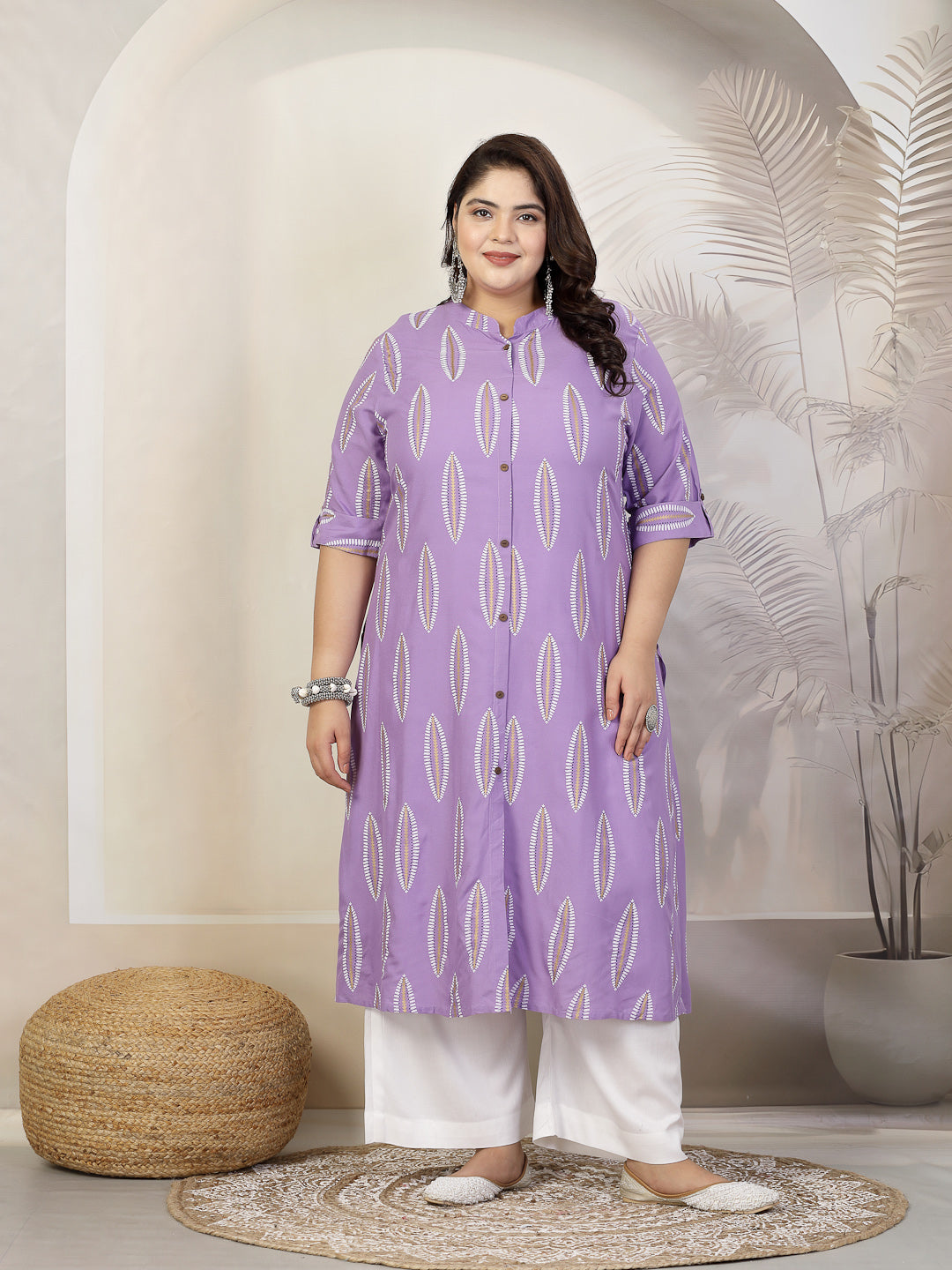 Plus Size Women Block Printed Rayon A-Line Kurta (NOMIPURPLEPLUS) | De