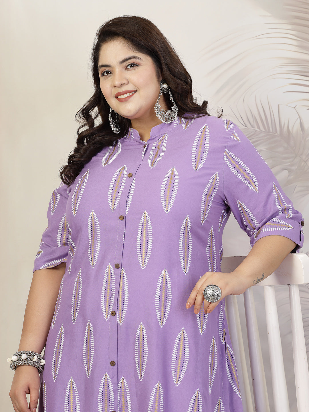 Plus Size Women Block Printed Rayon A-Line Kurta (NOMIPURPLEPLUS) | De