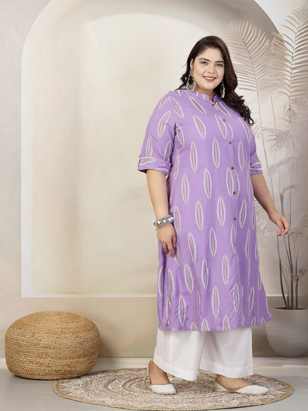 Plus Size Women Block Printed Rayon A-Line Kurta (NOMIPURPLEPLUS) | De