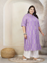 Stylum Plus Size Women Block Printed Rayon A-Line Kurta (NOMIPURPLEPLUS)
