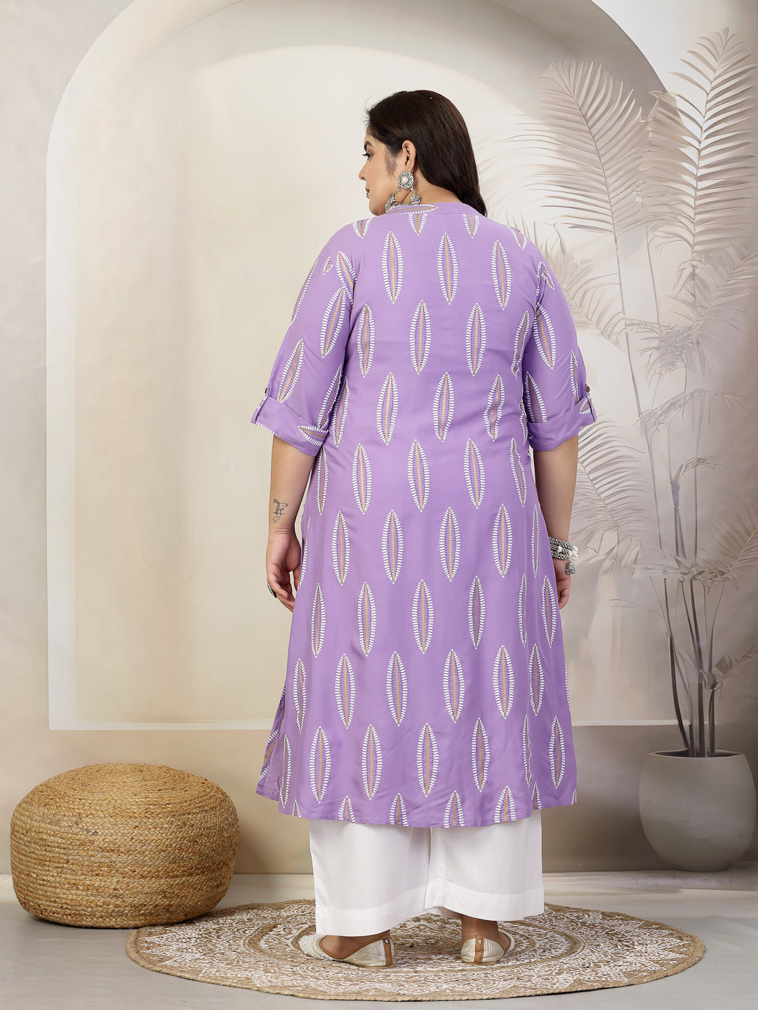 Plus Size Women Block Printed Rayon A-Line Kurta (NOMIPURPLEPLUS) | De