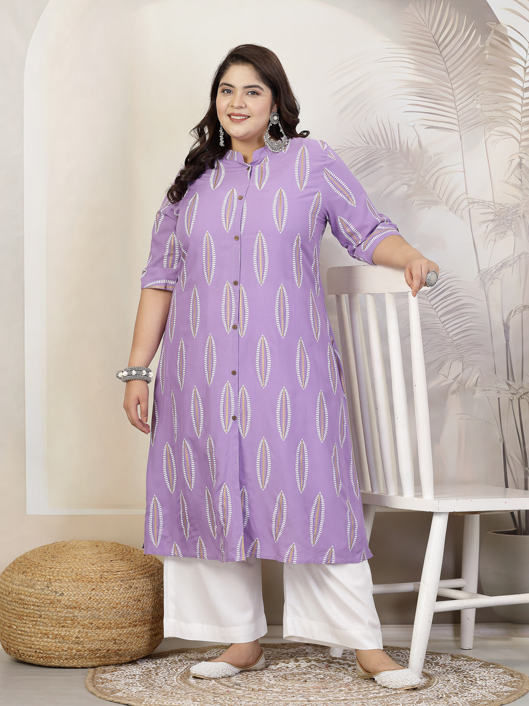 Plus Size Women Block Printed Rayon A-Line Kurta (NOMIPURPLEPLUS) | De