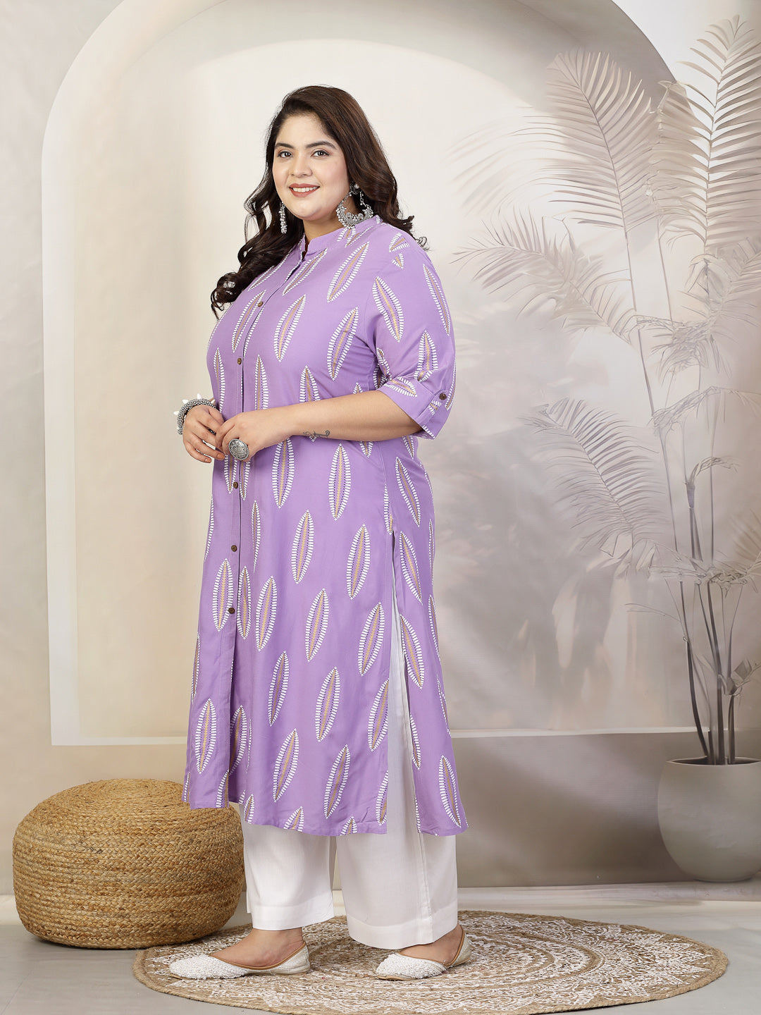 Plus Size Women Block Printed Rayon A-Line Kurta (NOMIPURPLEPLUS) | De
