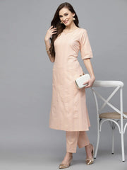 Women's Self Woven Striped Cotton Blend Straight Kurta Pant Set-NOORIPEACH-S