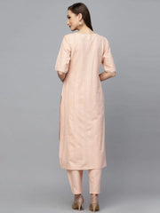 Women's Self Woven Striped Cotton Blend Straight Kurta Pant Set-NOORIPEACH-S