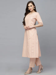 Women's Self Woven Striped Cotton Blend Straight Kurta Pant Set-NOORIPEACH-S
