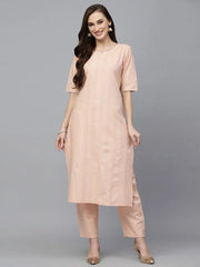 Women's Self Woven Striped Cotton Blend Straight Kurta Pant Set-NOORIPEACH-S