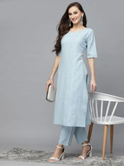 Women's Self Woven Striped Cotton Blend Straight Kurta Pant Set-NOORISKY-S