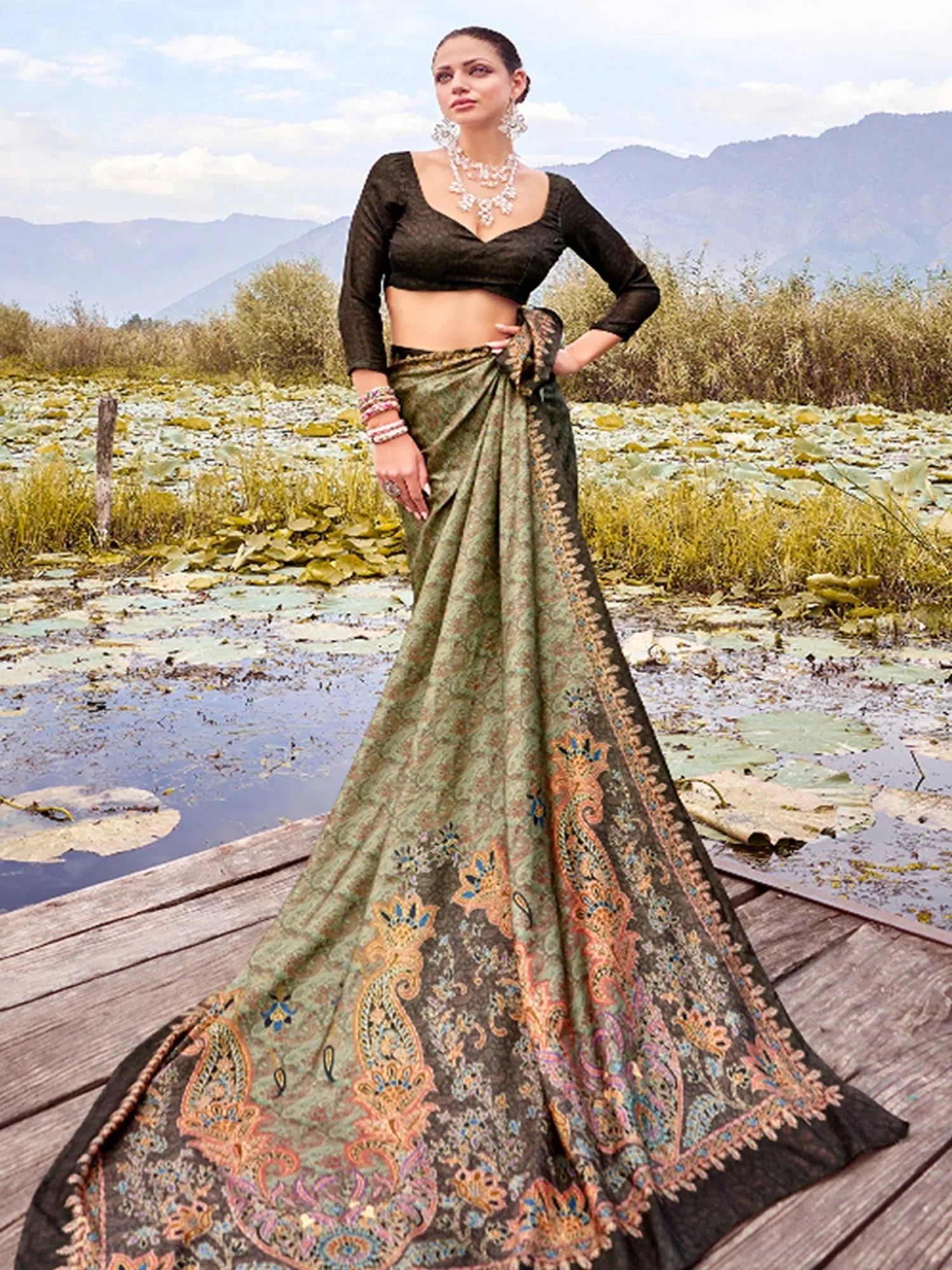 Light Green Printed Saree | Designer Sarees India