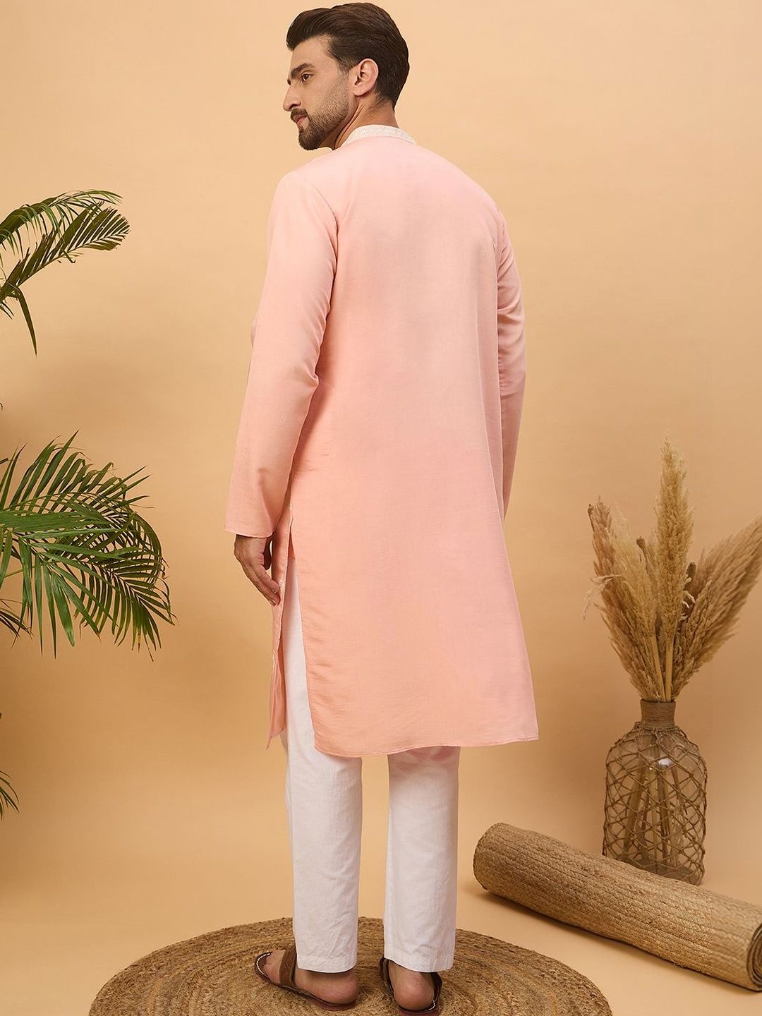 Ethnic Bay Men Peach Silk Blend Solid Embroidered Straight Kurta With Pant Set-MKSET1510