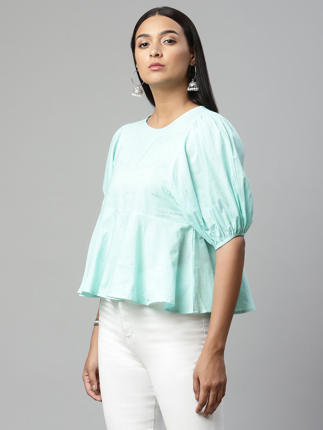 Light Blue Cotton Printed Tunic Top - Indian Kurtis for Women