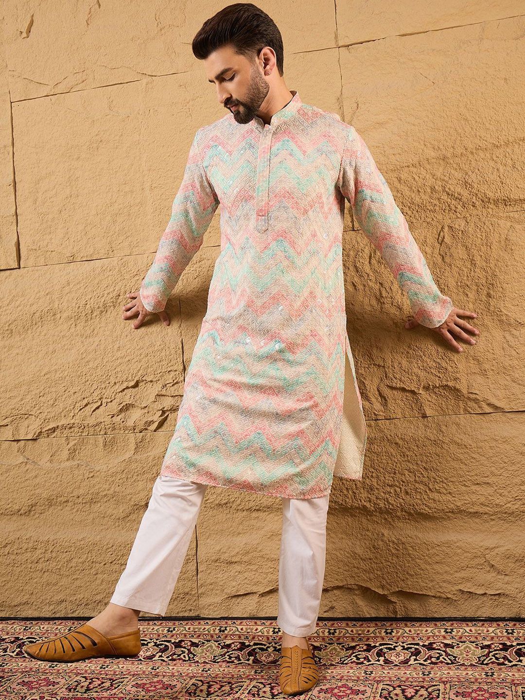 Ethnic Bay Men Multicolour Viscose Rayon Geometric Embroidered Straight Kurta With Pant Set-MKSET1193