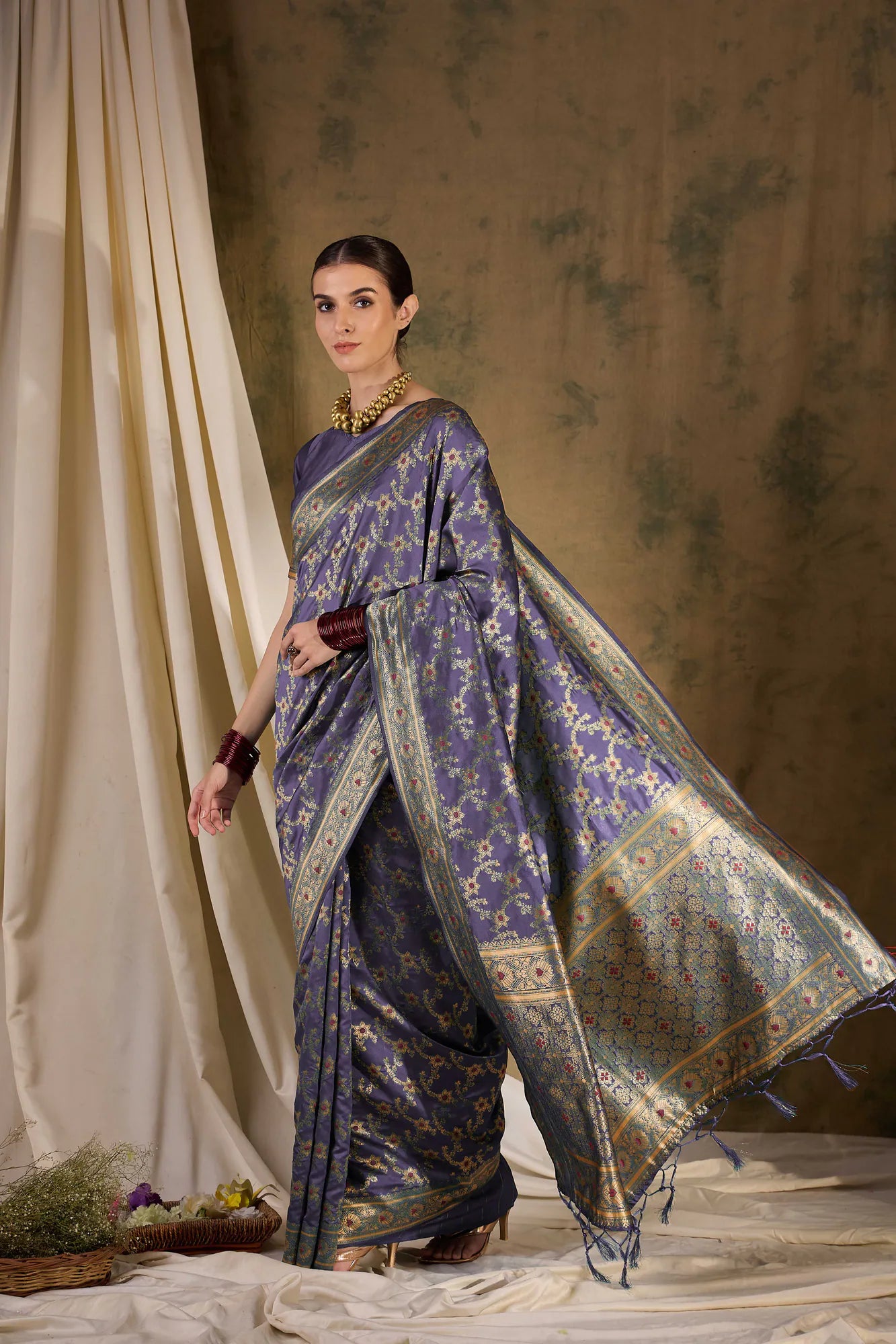 Lavender Polyester Saree: Banarasi Weave - Indian Sari