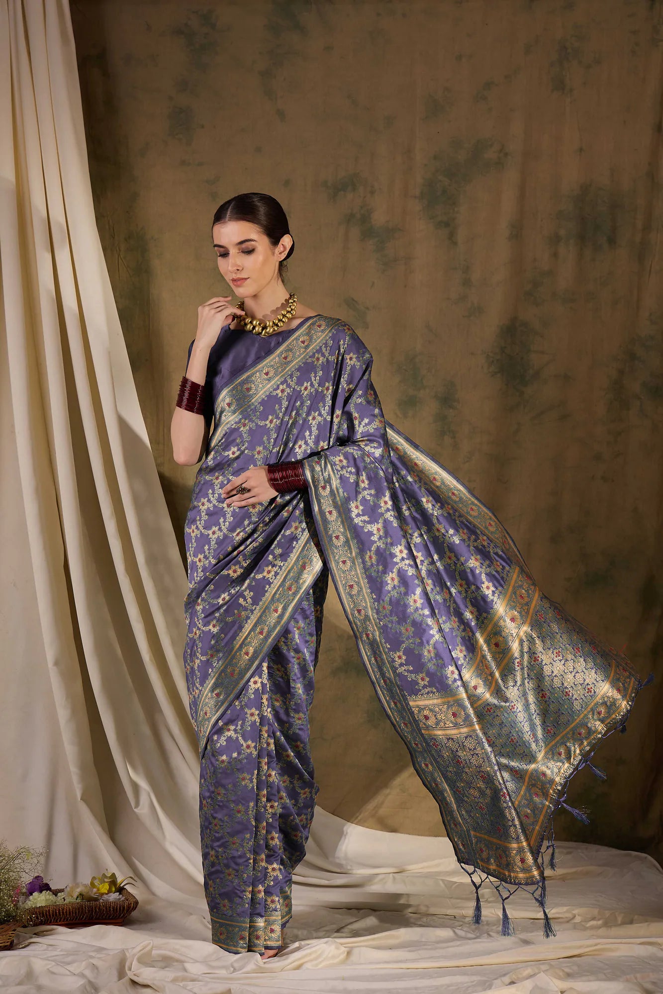 Lavender Polyester Saree: Banarasi Weave - Indian Sari