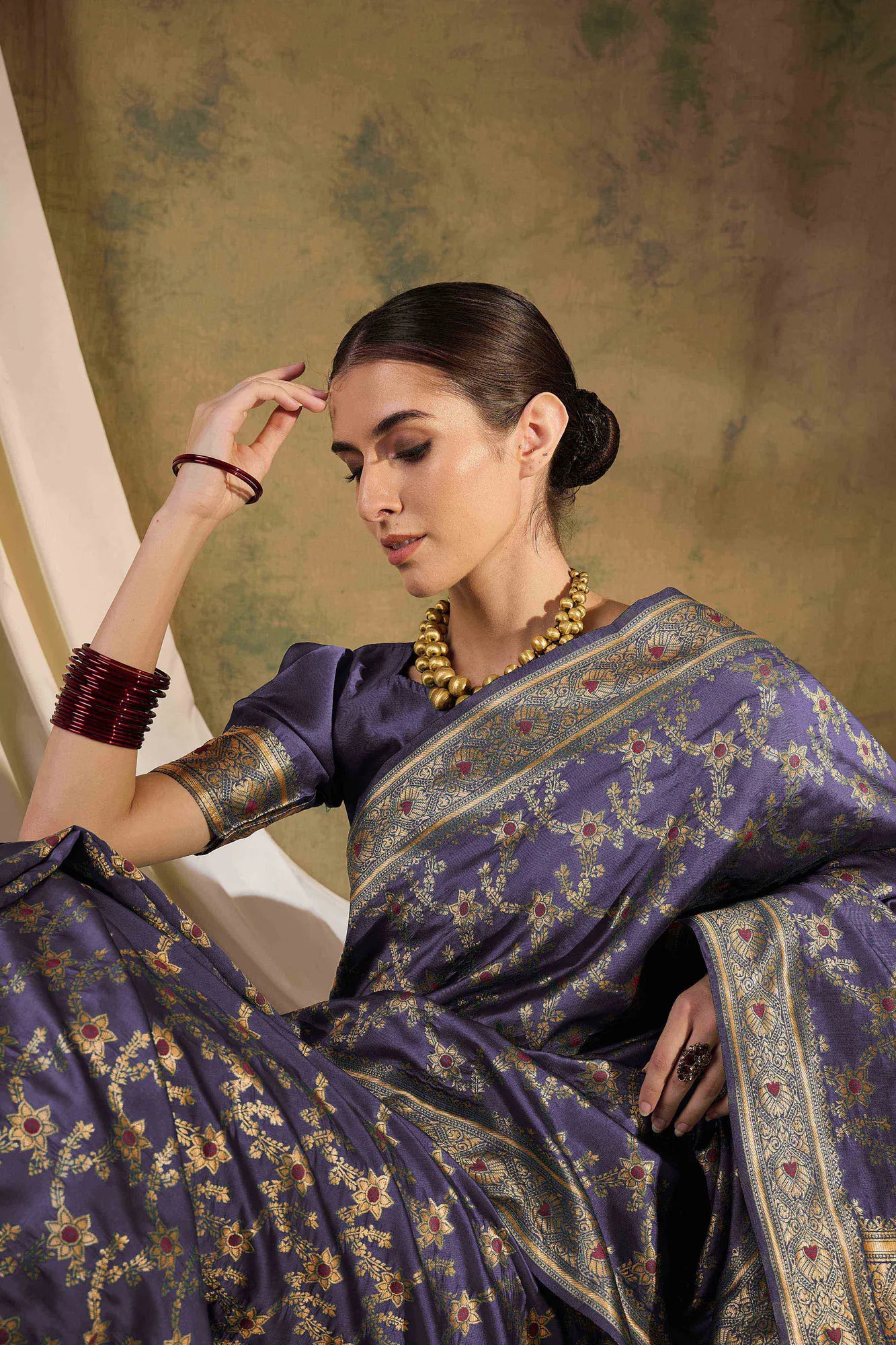Lavender Polyester Saree: Banarasi Weave - Indian Sari