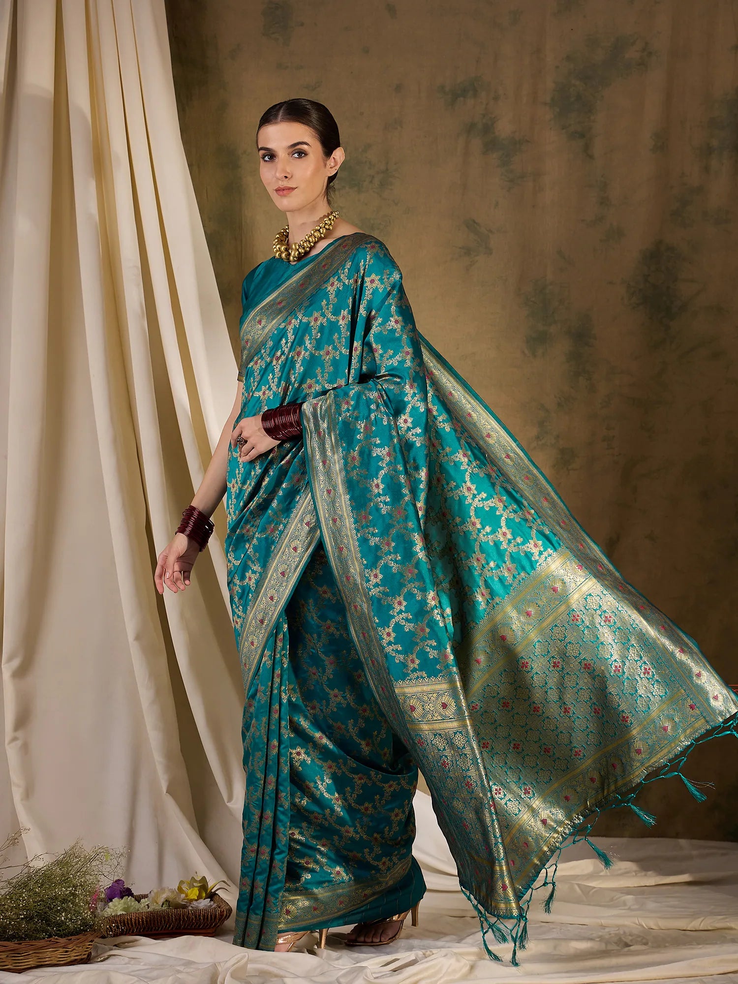 Teal Polyester Saree | Indian Wedding Sarees & More