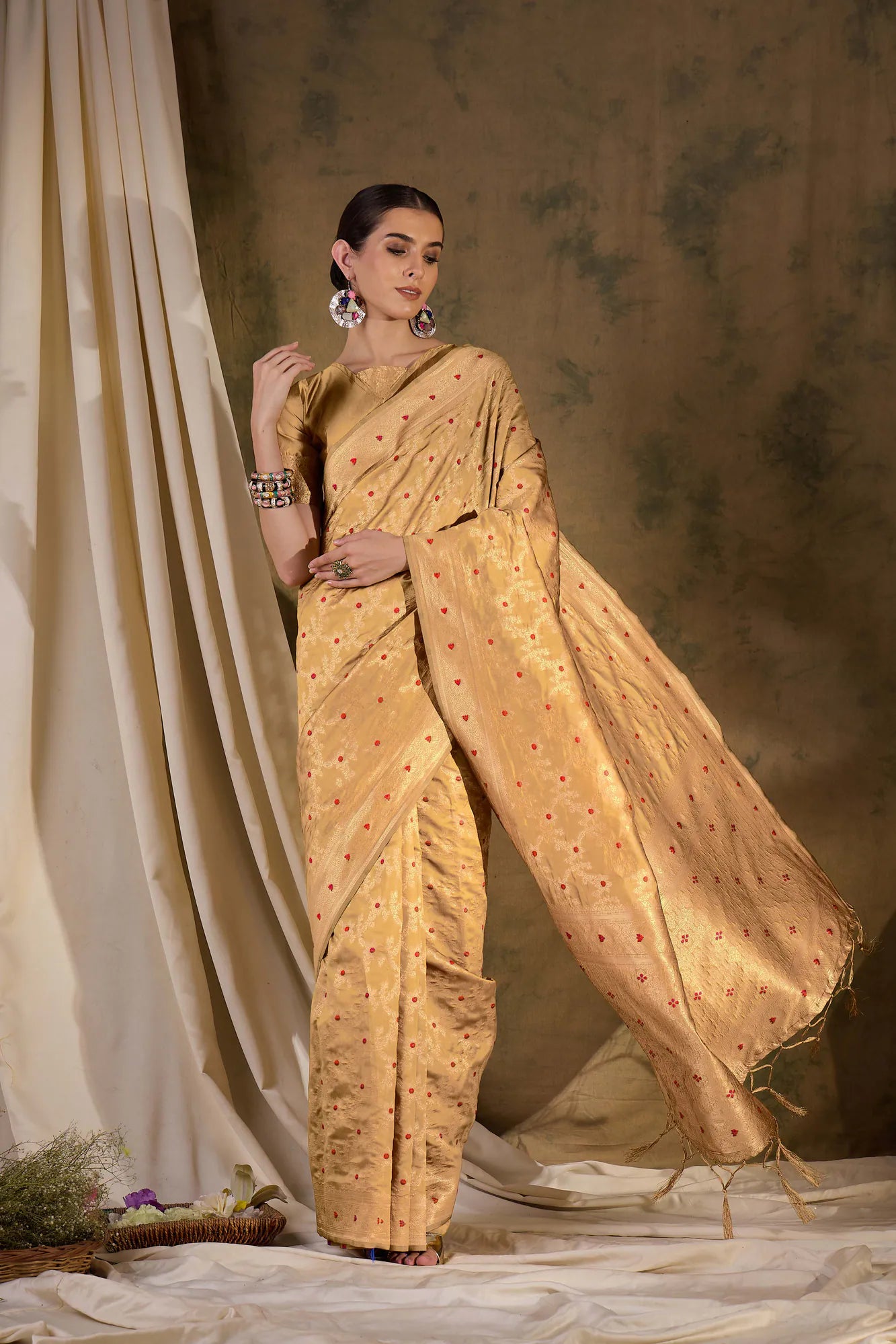 Beige Woven Design Indian Sari - Ethnic Polyester Saree