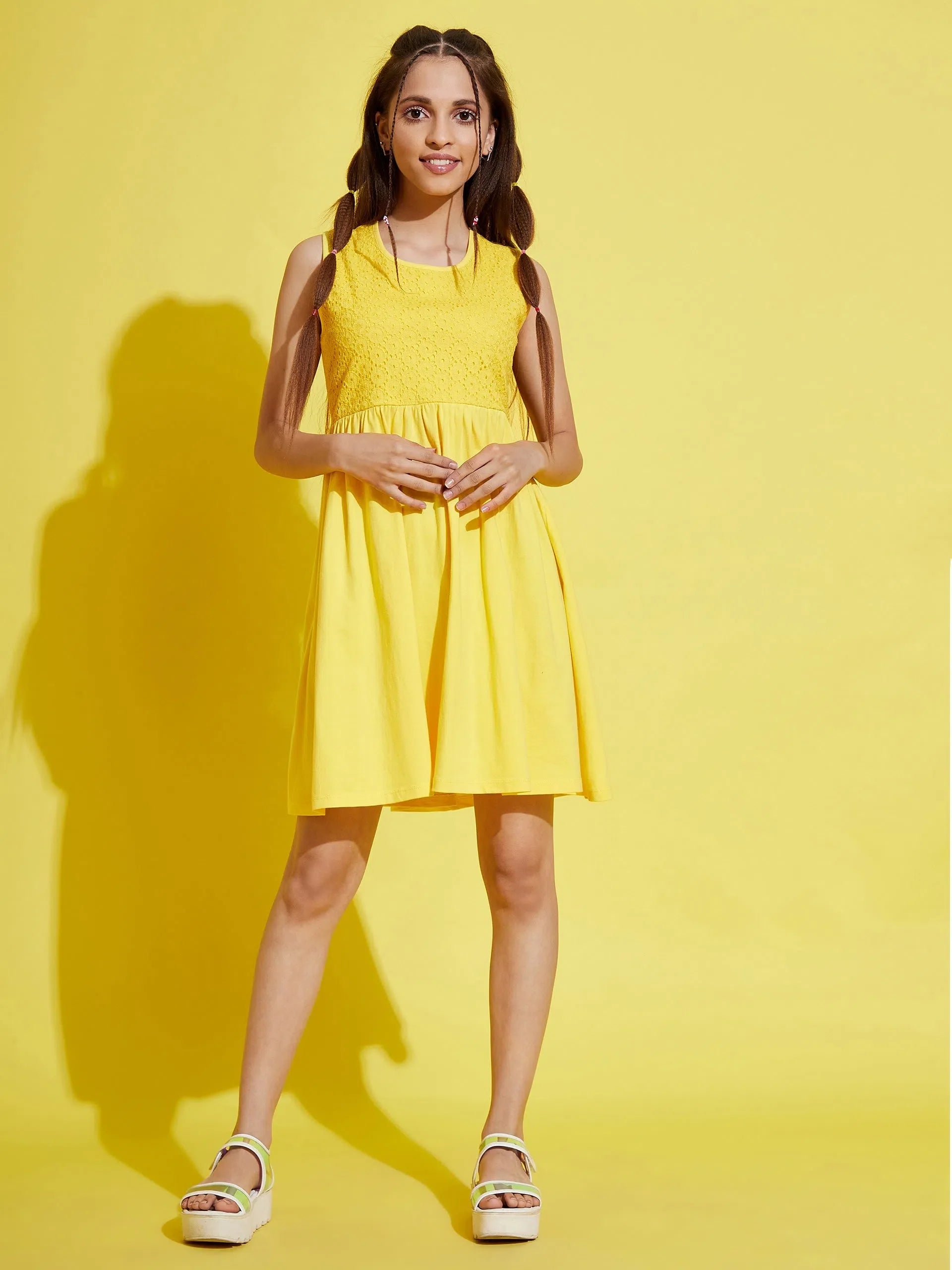 Girls Yellow Schiffli Dress - Cute Kids Clothing Online
