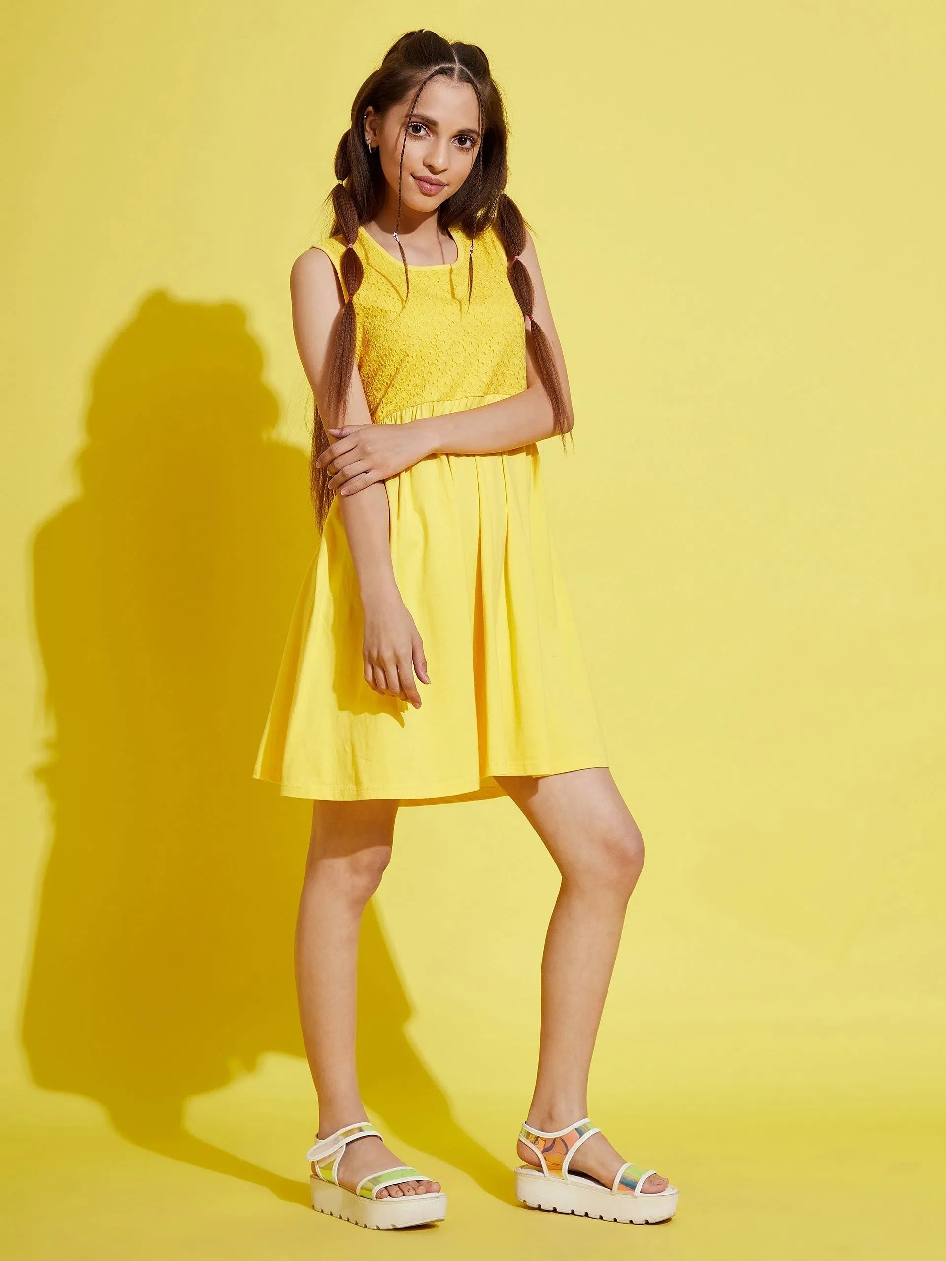 Girls Yellow Schiffli Dress - Cute Kids Clothing Online