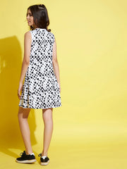 Girls Black Polka Print A-Line Sleeveless Dress