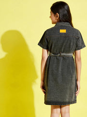 Girls Black Acid Wash Front Button Denim Shirt Dress