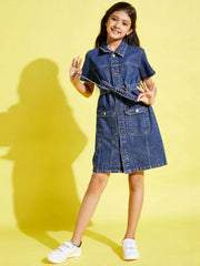 Girls Blue Front Button Denim Shirt Dress-NVDRSS10841-8